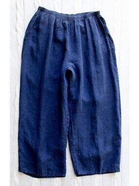 FLAX 100% Linen Navy Blue Wide Leg Flood  Pants, Size 1G 18 - 20 Artsy Lagenlook